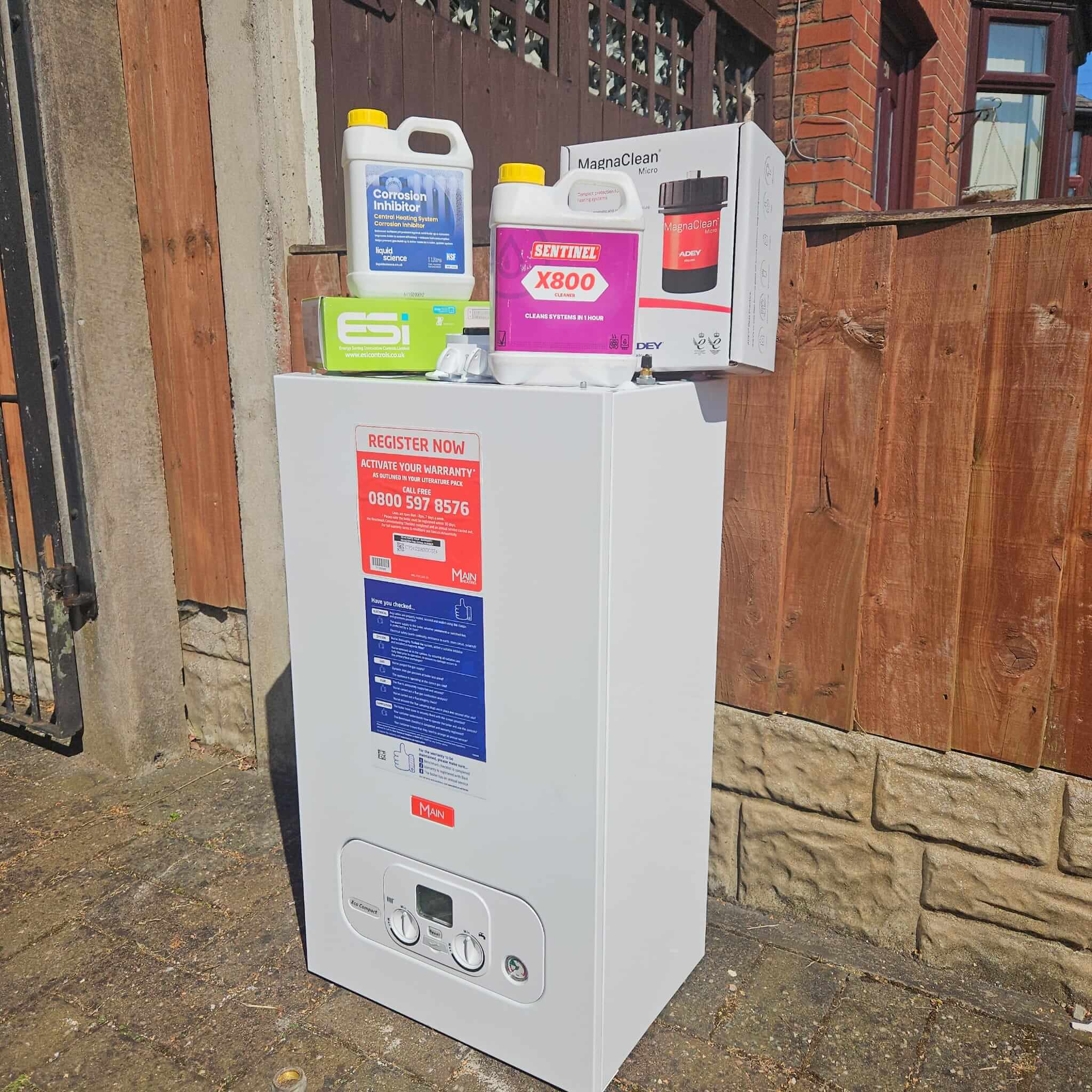 Main boiler with a magnetic filter, heating controls and system treatment products before installation